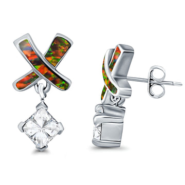 X CrissCross Stud Earrings Lab Created Black Opal & Cubic Zirconia 925 Sterling Silver (20mm)